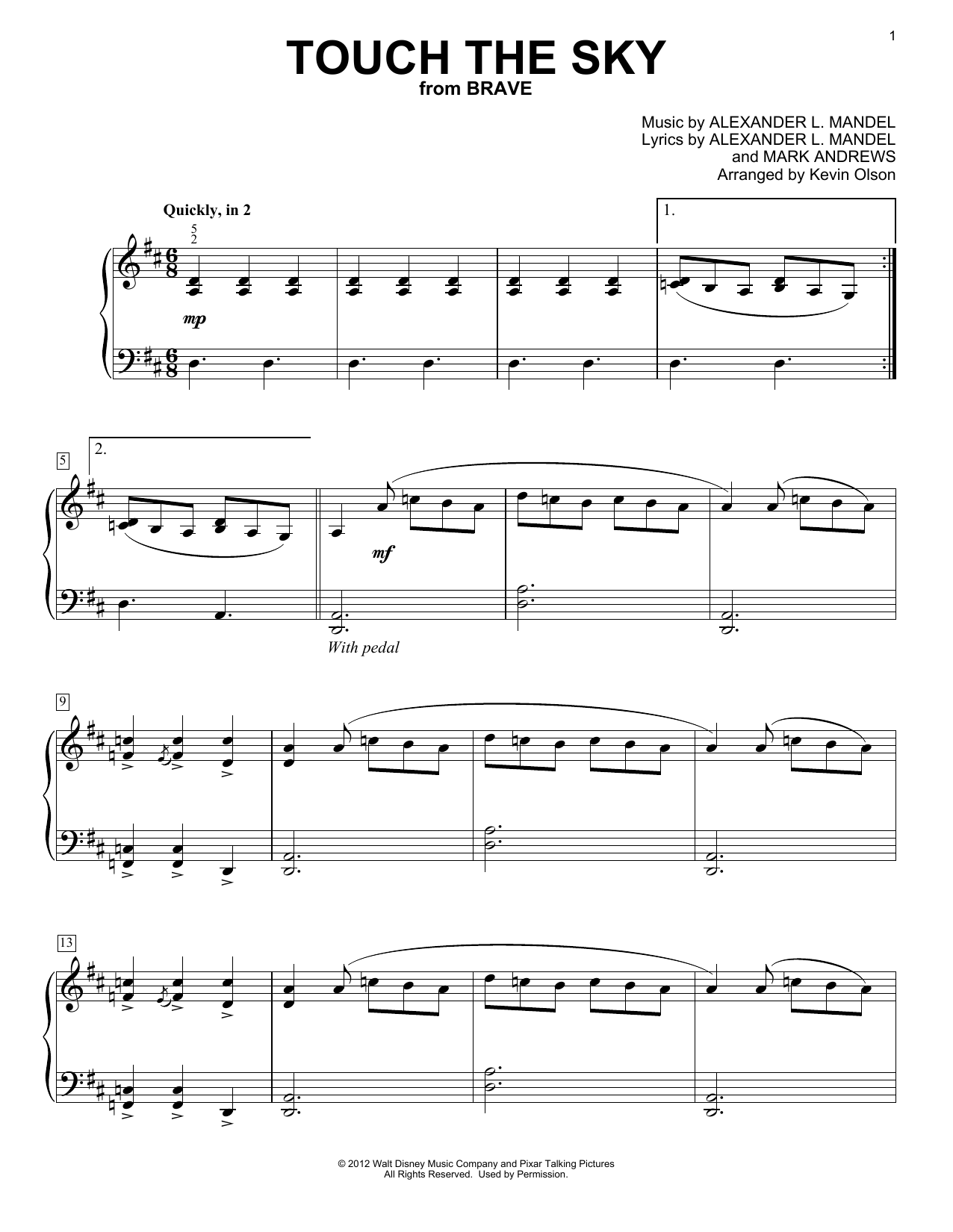 Julie Fowlis Touch The Sky (from Brave) (arr. Kevin Olson) sheet music notes and chords arranged for Easy Piano Solo