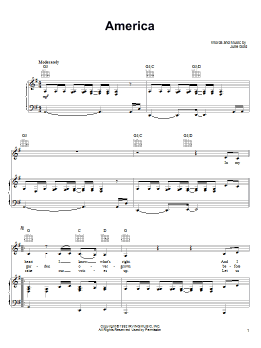 Julie Gold America (1992) sheet music notes and chords arranged for Piano, Vocal & Guitar Chords (Right-Hand Melody)