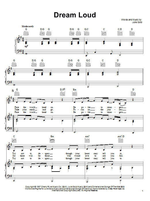 Julie Gold Dream Loud sheet music notes and chords arranged for Piano, Vocal & Guitar Chords (Right-Hand Melody)