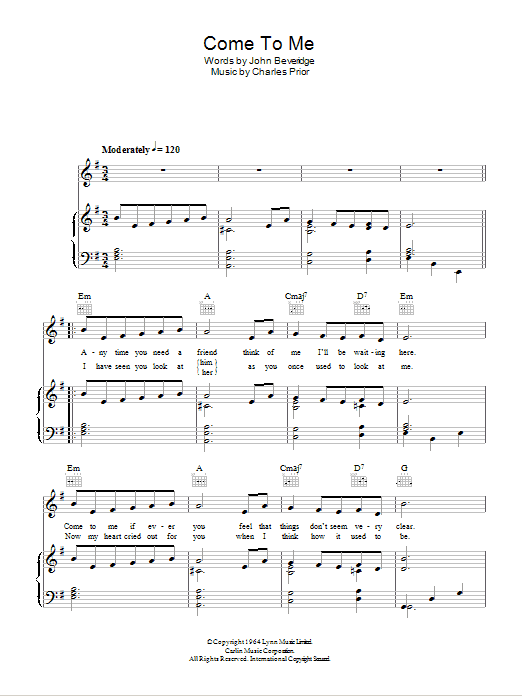Julie Grant Come To Me sheet music notes and chords arranged for Piano, Vocal & Guitar Chords