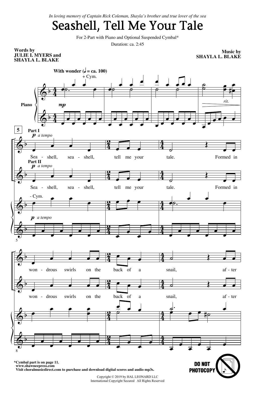 Julie I. Myers and Shayla L. Blake Seashell, Tell Me Your Tale sheet music notes and chords arranged for 2-Part Choir
