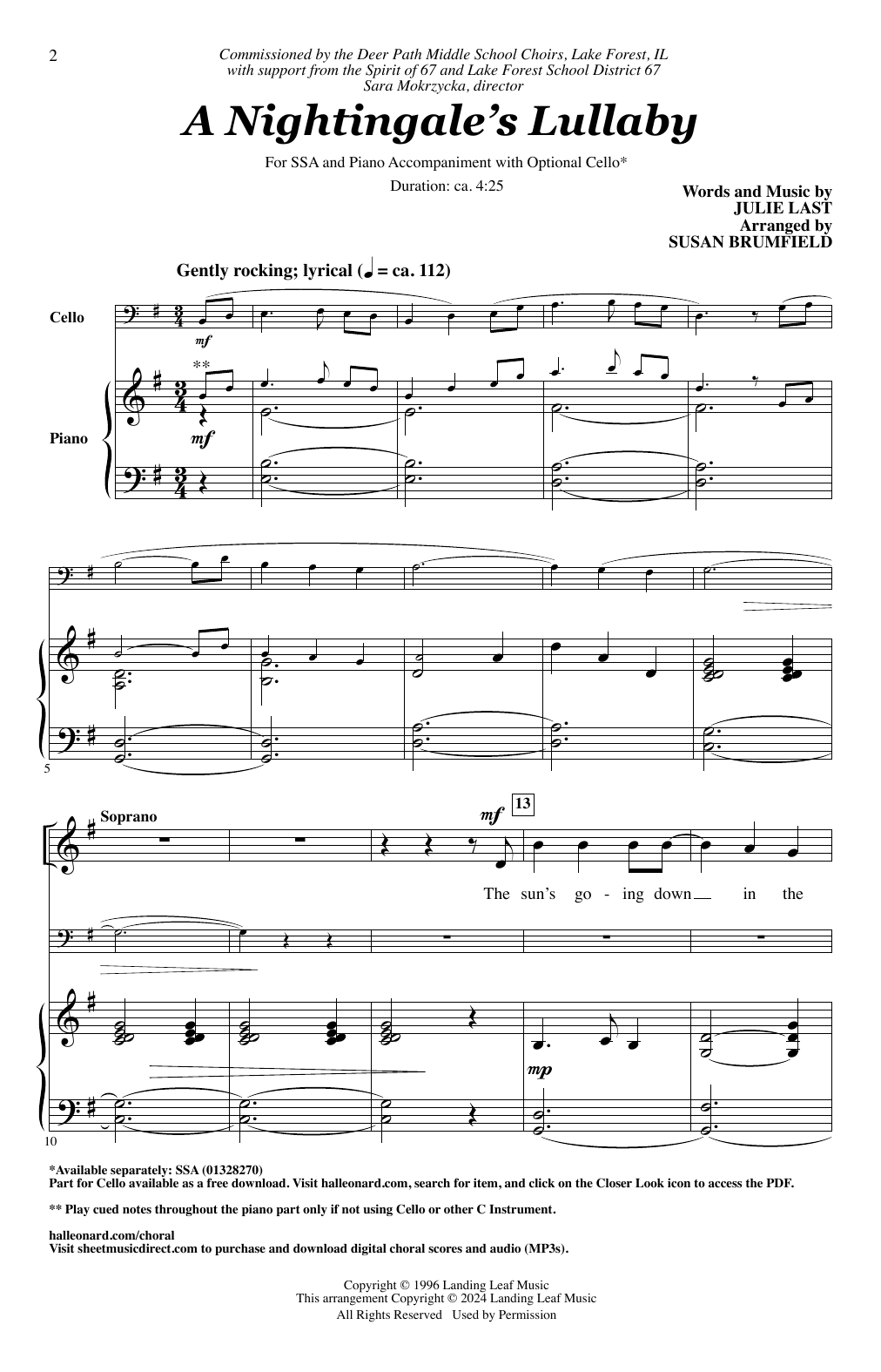 Julie Last A Nightingale's Lullaby (arr. Susan Brumfield) sheet music notes and chords arranged for SSA Choir