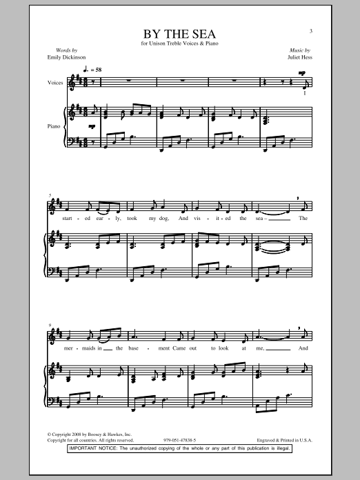 Juliet Hess By The Sea sheet music notes and chords arranged for Unison Choir