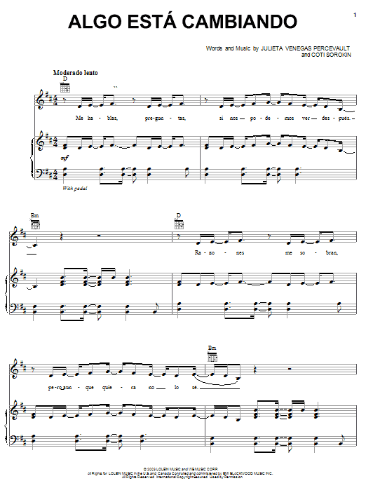 Julieta Venegas Percevault Algo Esta Cambiando sheet music notes and chords arranged for Piano, Vocal & Guitar Chords (Right-Hand Melody)