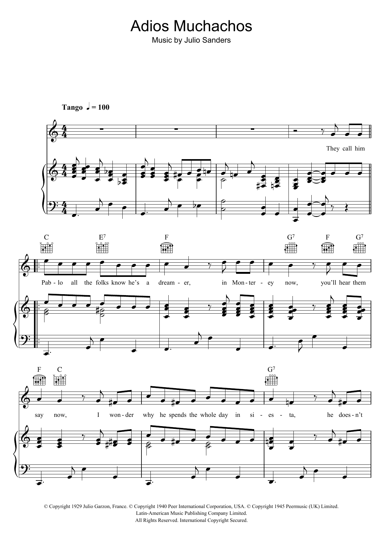 Julio Cesar Sanders Pablo The Dreamer (Adios Muchachos) sheet music notes and chords arranged for Piano, Vocal & Guitar Chords