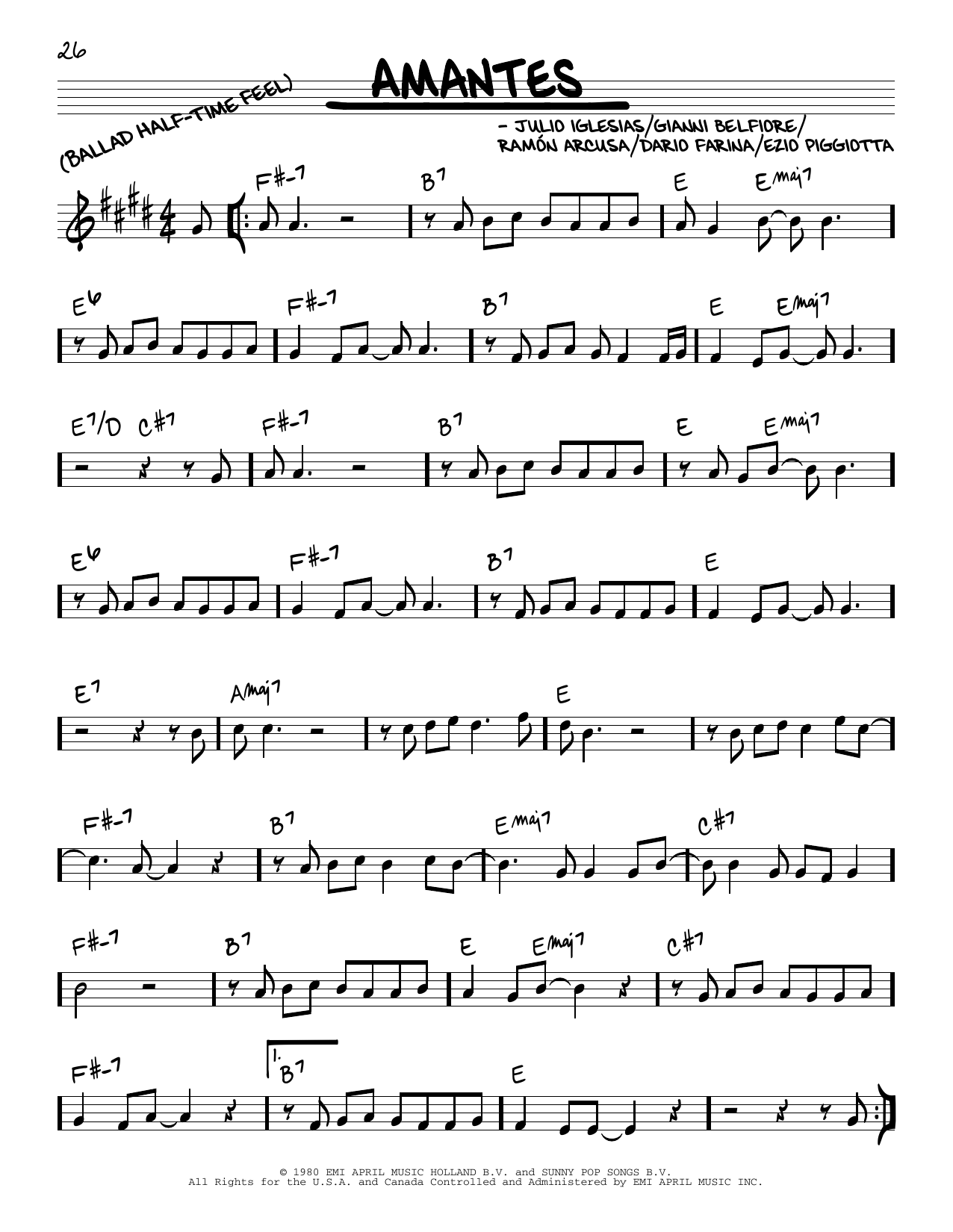 Julio Iglesias Amantes sheet music notes and chords arranged for Real Book – Melody & Chords