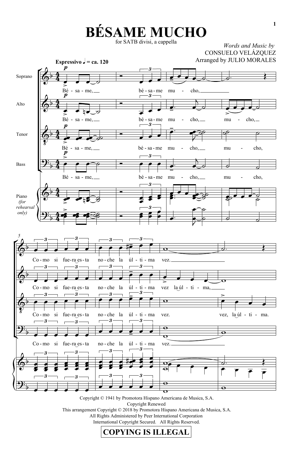 Julio Morales Bésame Mucho sheet music notes and chords arranged for SATB Choir