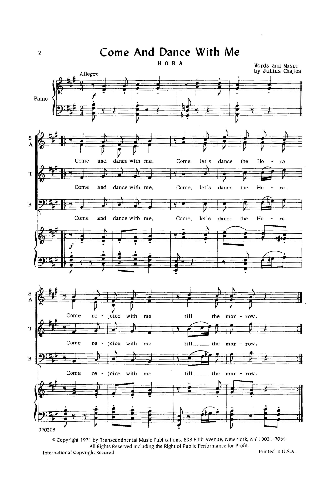 Julius Chajes Come And Dance With Me (Hora) sheet music notes and chords arranged for SATB Choir