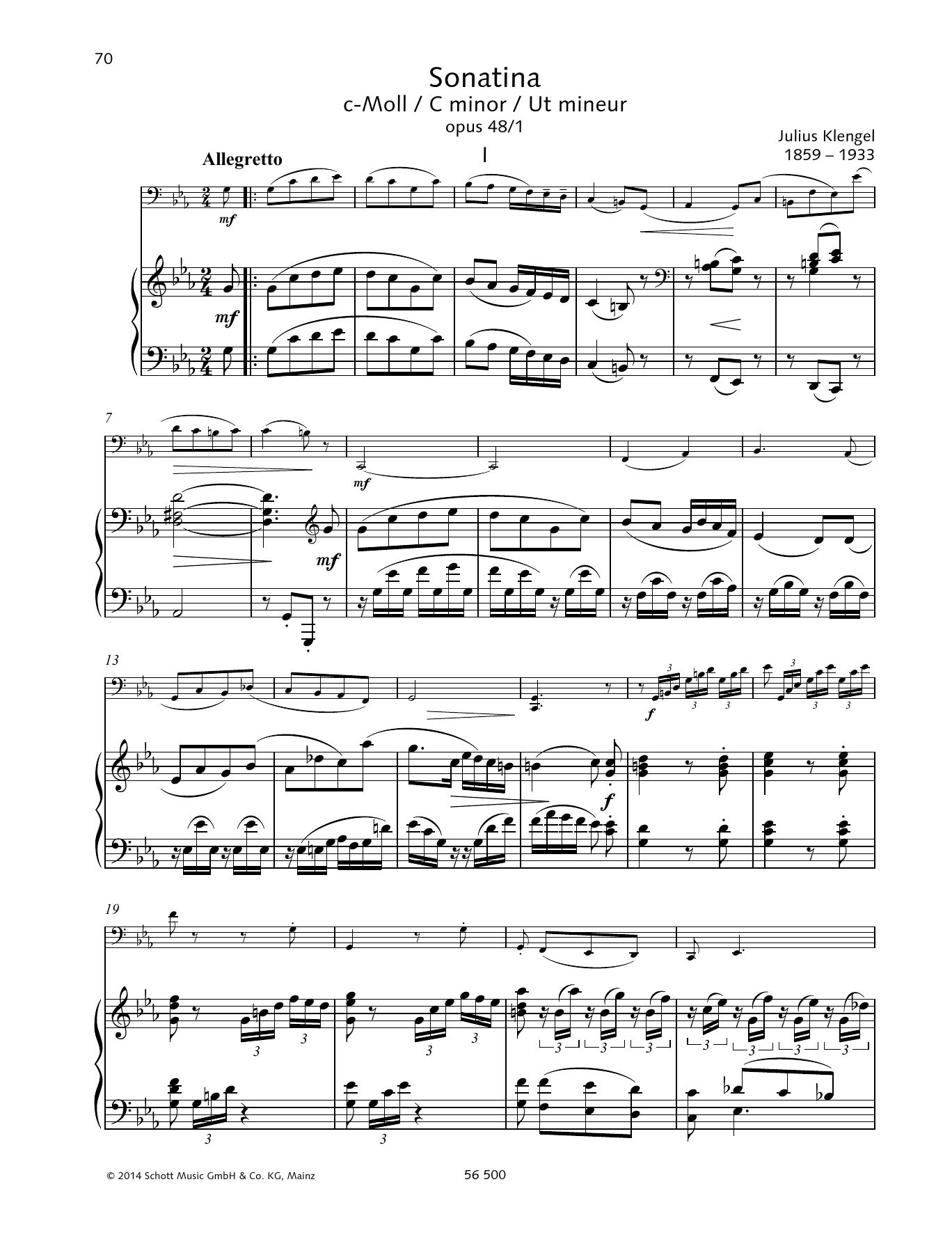 Julius Klengel Sonatina C minor sheet music notes and chords arranged for String Solo