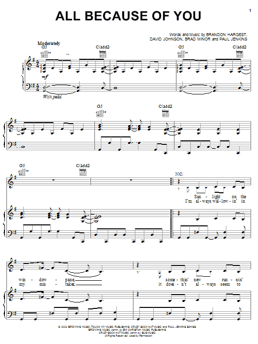 Jump5 All Because Of You sheet music notes and chords arranged for Piano, Vocal & Guitar Chords (Right-Hand Melody)