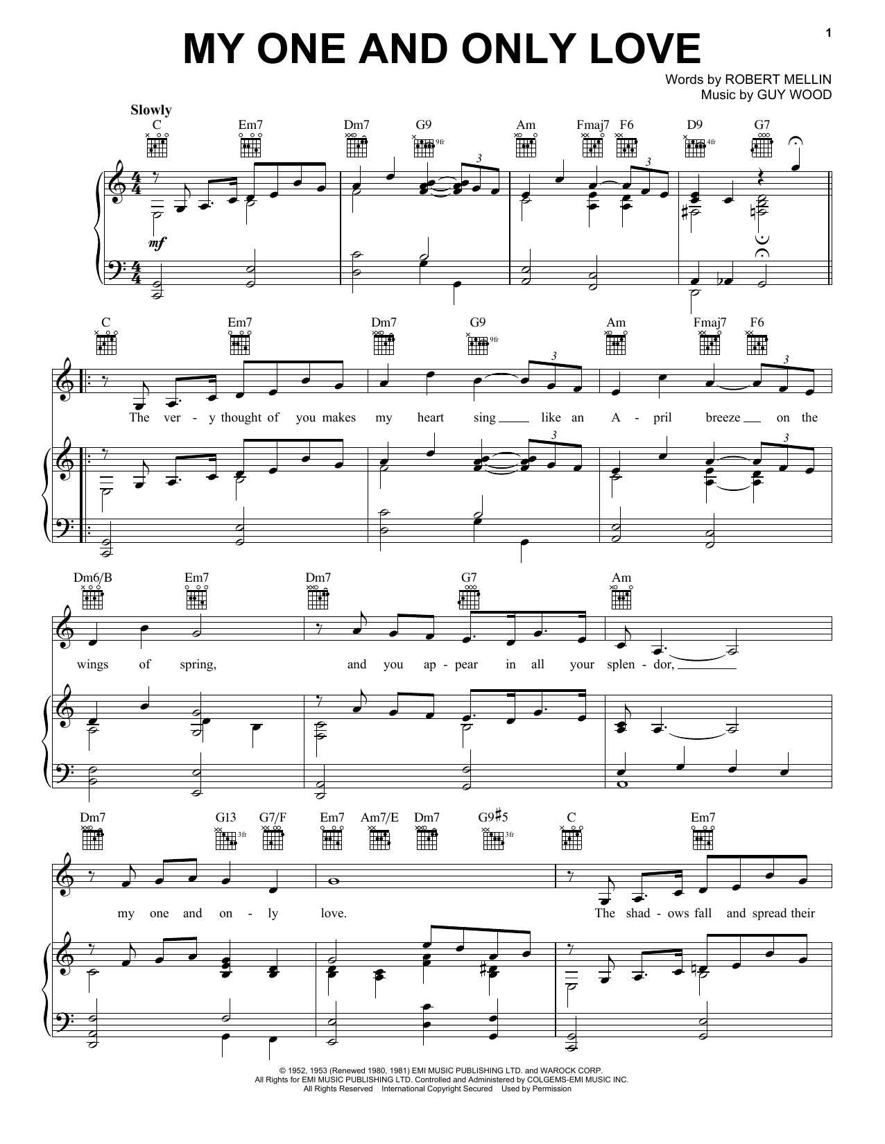 June Christy My One And Only Love sheet music notes and chords arranged for Piano, Vocal & Guitar Chords (Right-Hand Melody)