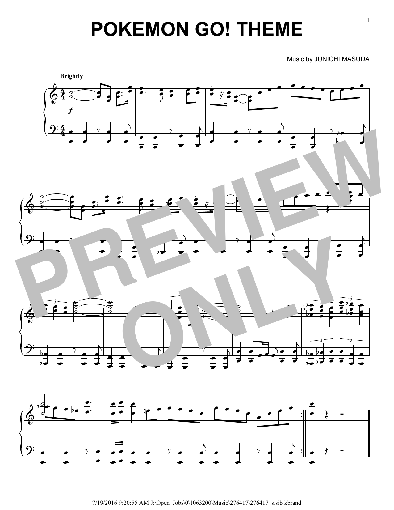 Junichi Masuda Pokemon Go! Theme sheet music notes and chords arranged for Piano Solo