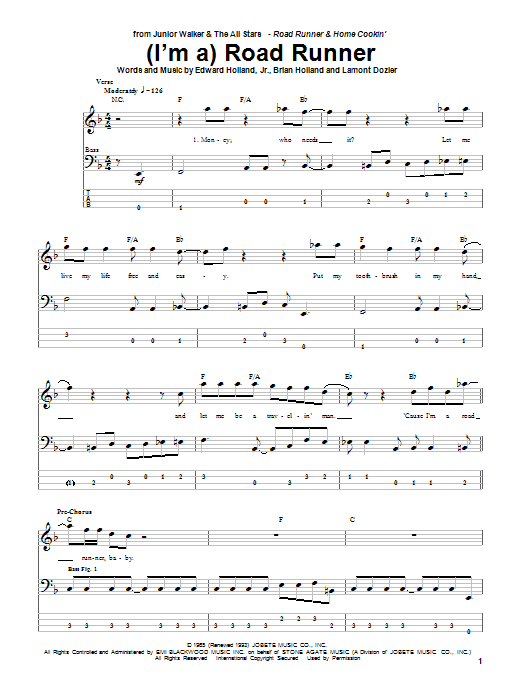 Junior Walker & the All Stars (I'm A) Road Runner sheet music notes and chords arranged for Bass Guitar Tab
