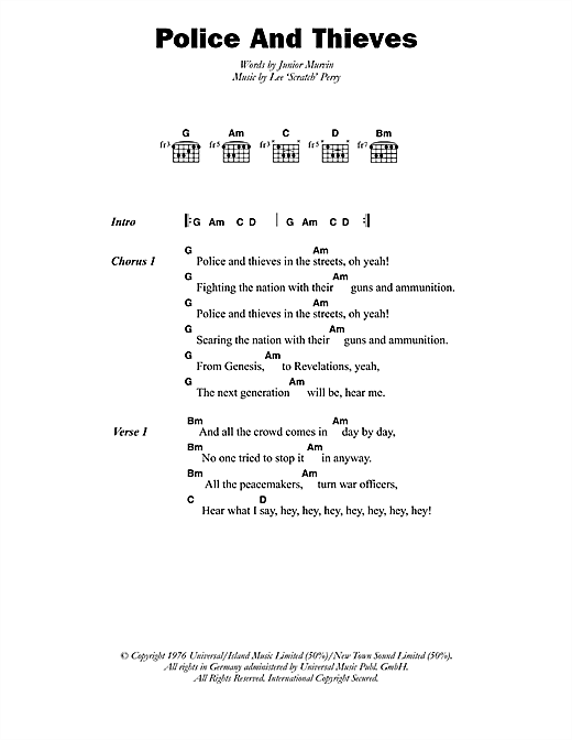 Junior Murvin Police And Thieves sheet music notes and chords arranged for Guitar Chords/Lyrics