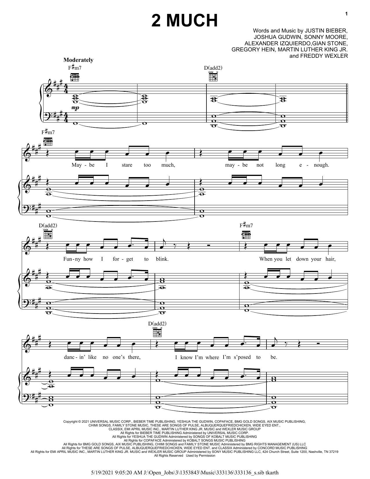 Justin Bieber 2 Much sheet music notes and chords arranged for Piano, Vocal & Guitar Chords (Right-Hand Melody)