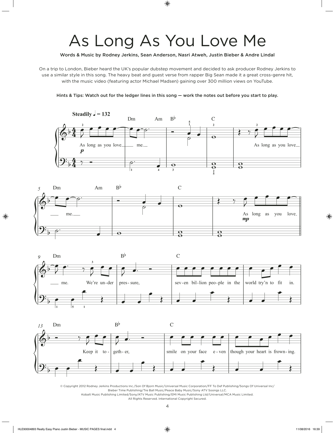Justin Bieber & Big Sean As Long As You Love Me sheet music notes and chords arranged for Really Easy Piano