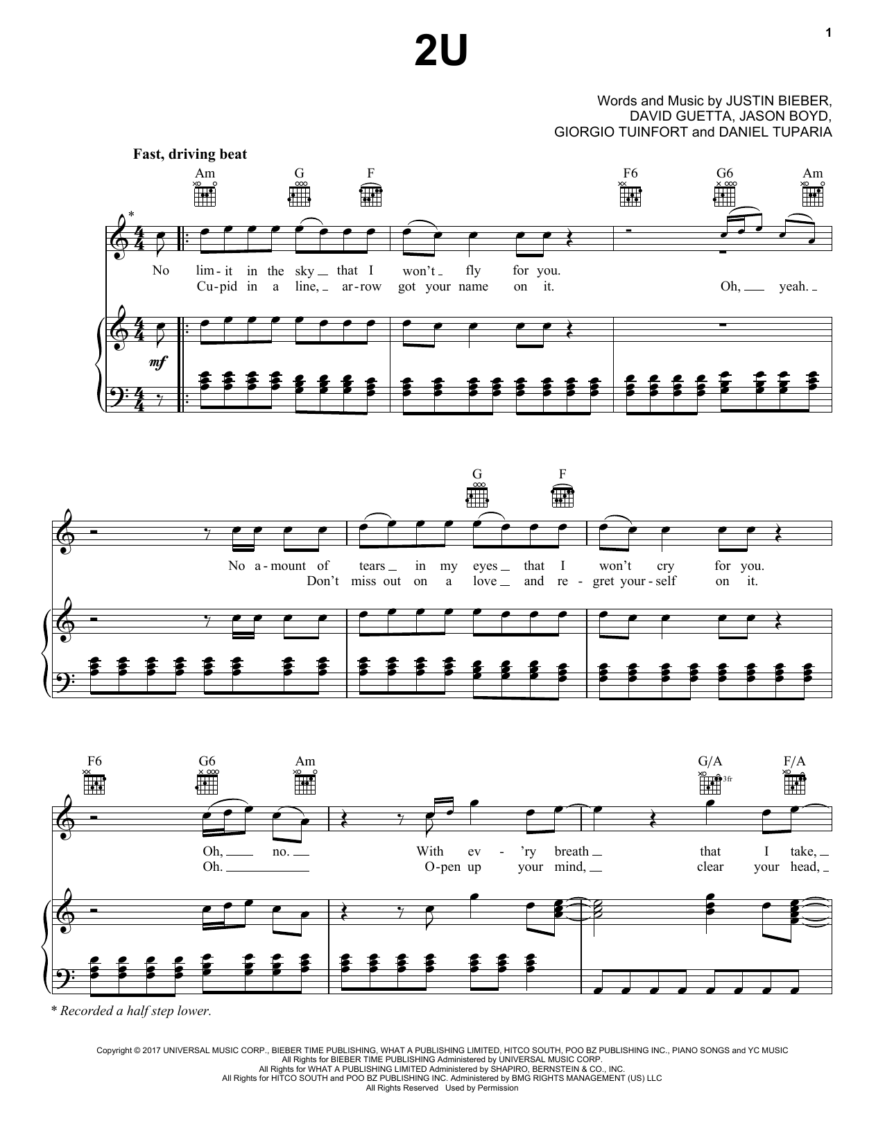 Justin Bieber & David Guetta 2U sheet music notes and chords arranged for Piano, Vocal & Guitar Chords (Right-Hand Melody)