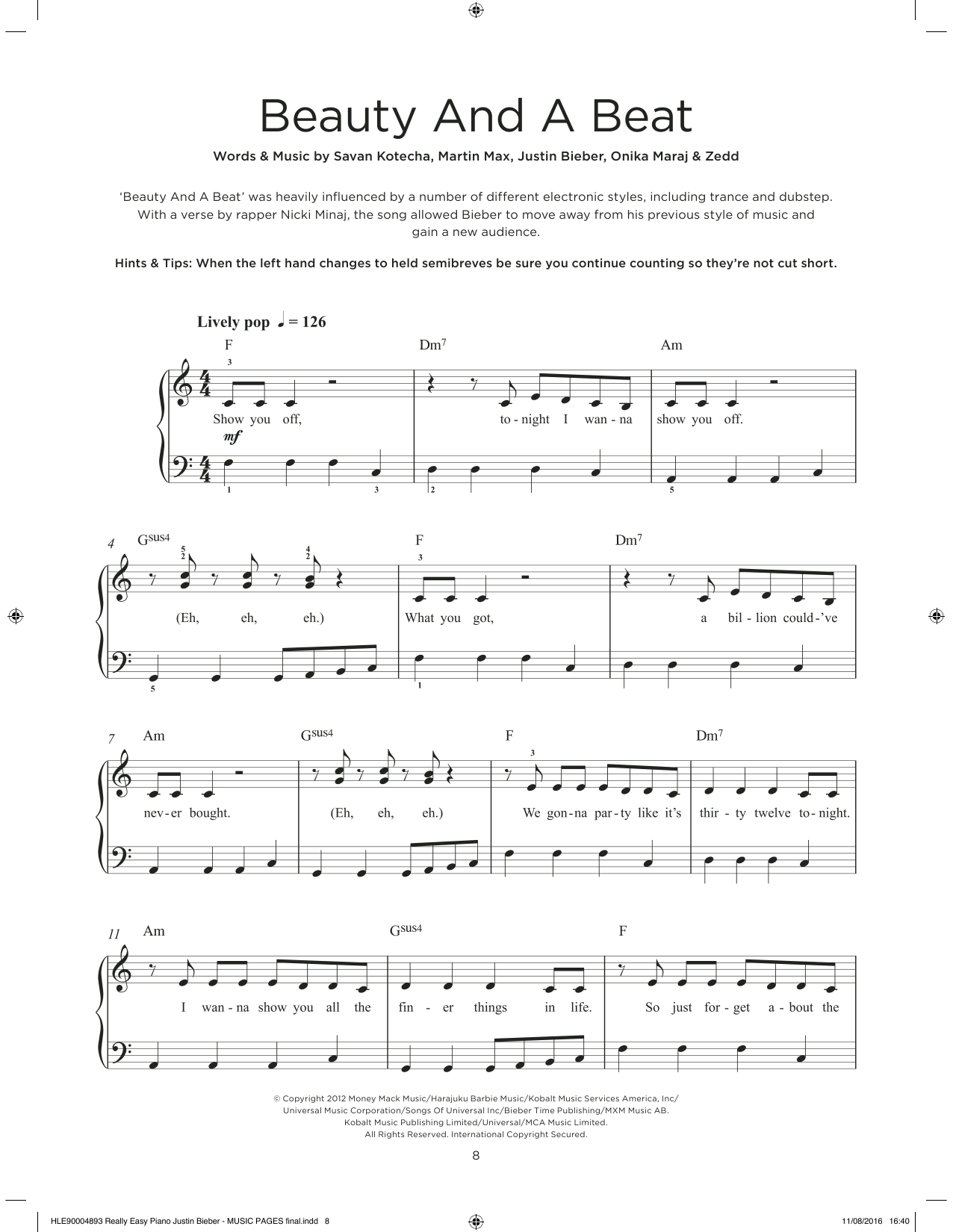 Justin Bieber & Nicki Minaj Beauty And A Beat sheet music notes and chords arranged for Really Easy Piano
