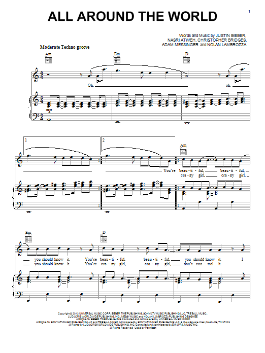 Justin Bieber All Around The World sheet music notes and chords arranged for Big Note Piano