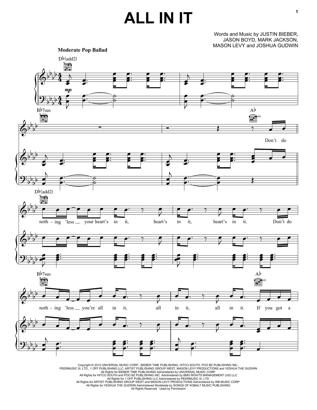 Justin Bieber All In It sheet music notes and chords arranged for Piano, Vocal & Guitar Chords (Right-Hand Melody)