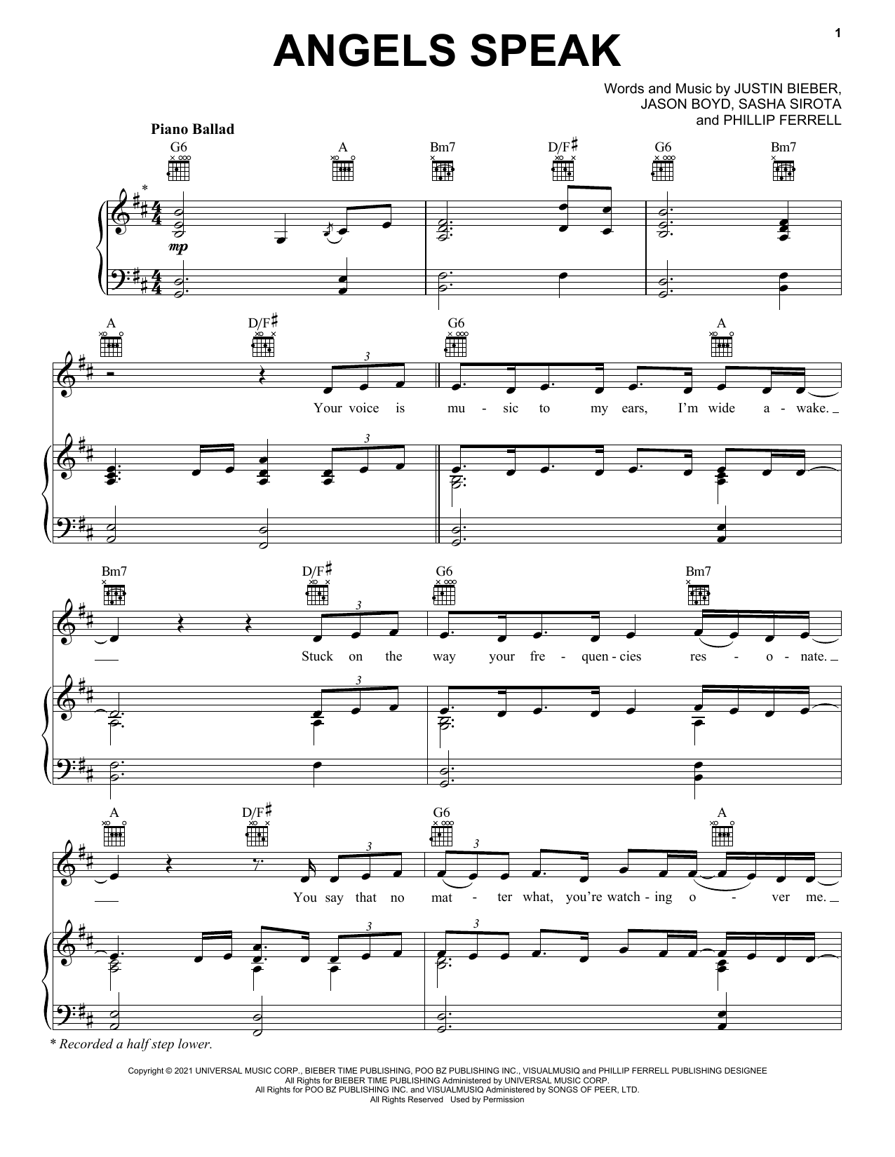 Justin Bieber Angels Speak sheet music notes and chords arranged for Piano, Vocal & Guitar Chords (Right-Hand Melody)