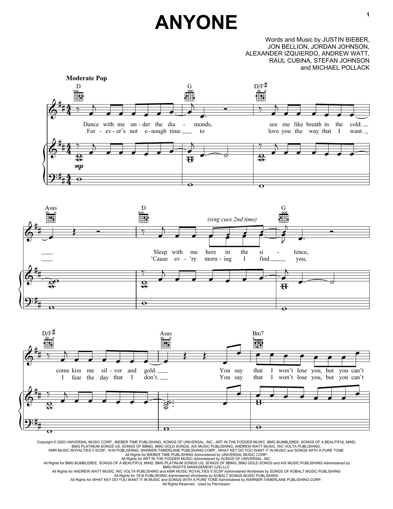 Justin Bieber Anyone sheet music notes and chords arranged for Super Easy Piano