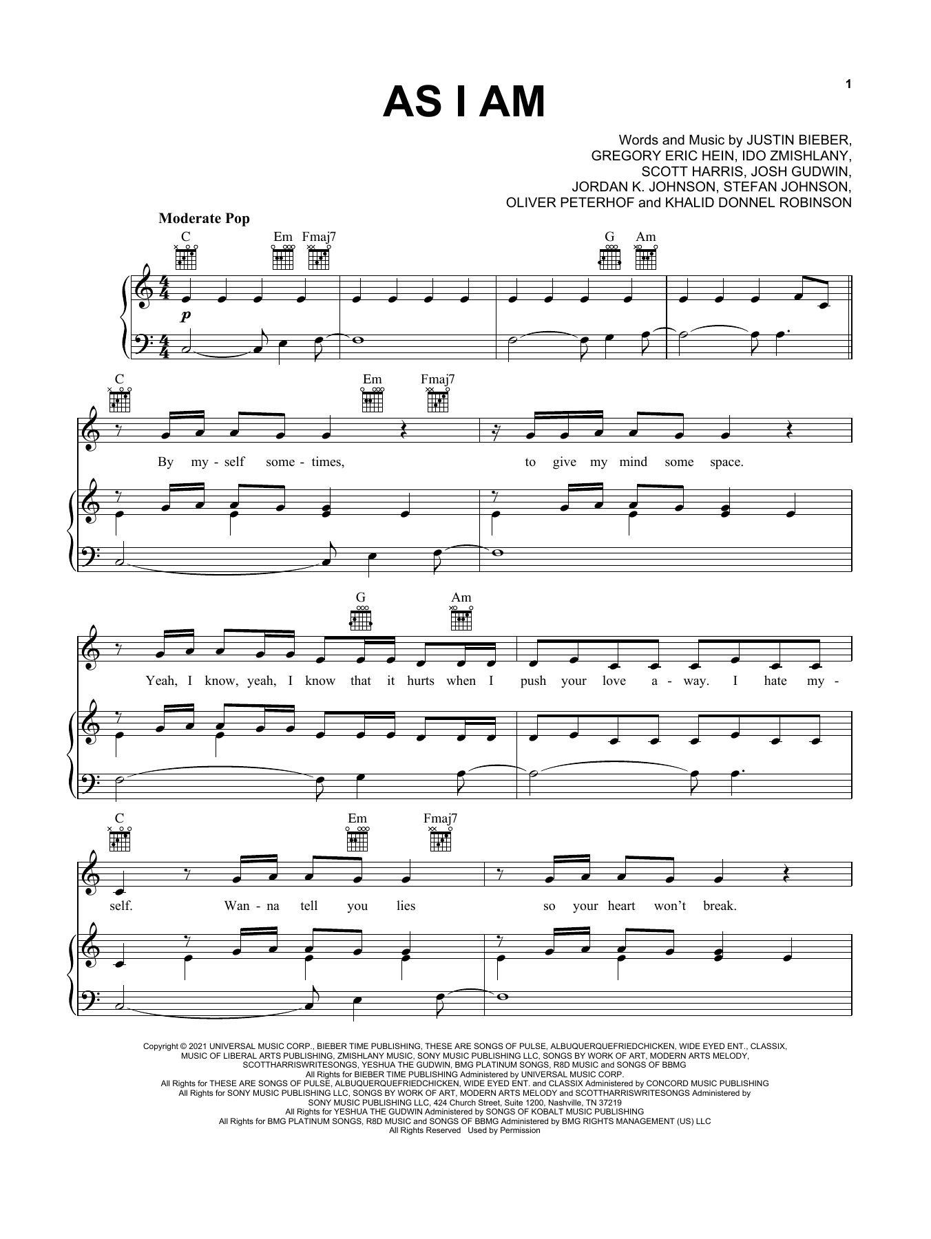 Justin Bieber As I Am (feat. Khalid) sheet music notes and chords arranged for Piano, Vocal & Guitar Chords (Right-Hand Melody)