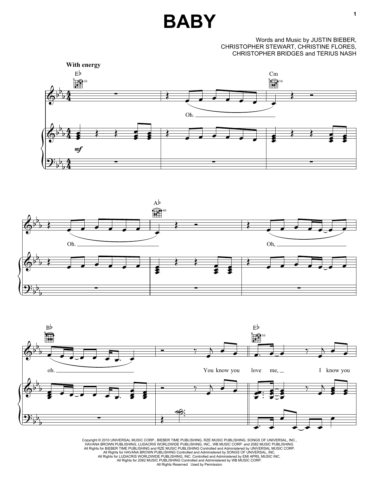 Justin Bieber Baby (feat. Ludacris) sheet music notes and chords arranged for Piano, Vocal & Guitar Chords (Right-Hand Melody)