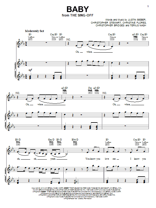 Justin Bieber Baby (from The Sing-Off) sheet music notes and chords arranged for Piano, Vocal & Guitar Chords (Right-Hand Melody)