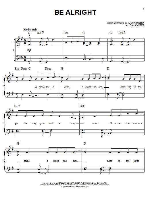 Justin Bieber Be Alright sheet music notes and chords arranged for Piano, Vocal & Guitar Chords (Right-Hand Melody)