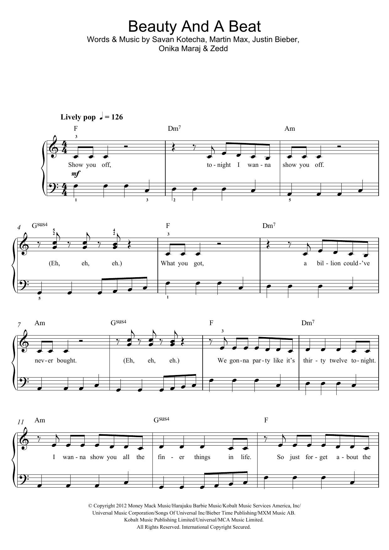 Justin Bieber Beauty And A Beat (featuring Nicki Minaj) sheet music notes and chords arranged for Piano, Vocal & Guitar Chords