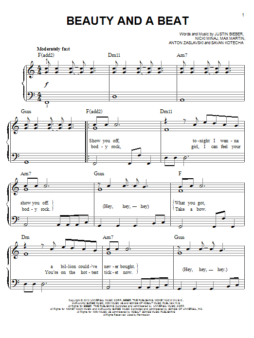 Justin Bieber Beauty And A Beat sheet music notes and chords arranged for Piano, Vocal & Guitar Chords (Right-Hand Melody)