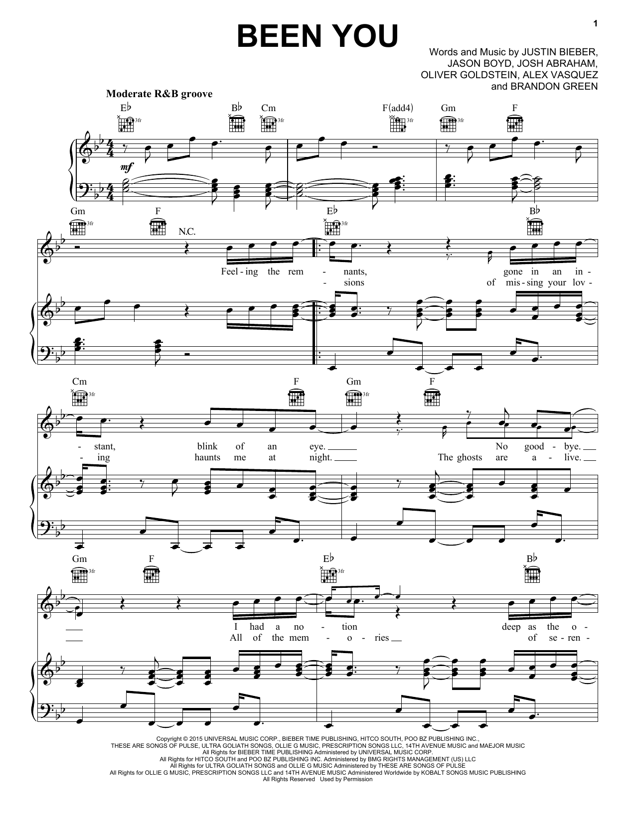 Justin Bieber Been You sheet music notes and chords arranged for Piano, Vocal & Guitar Chords (Right-Hand Melody)