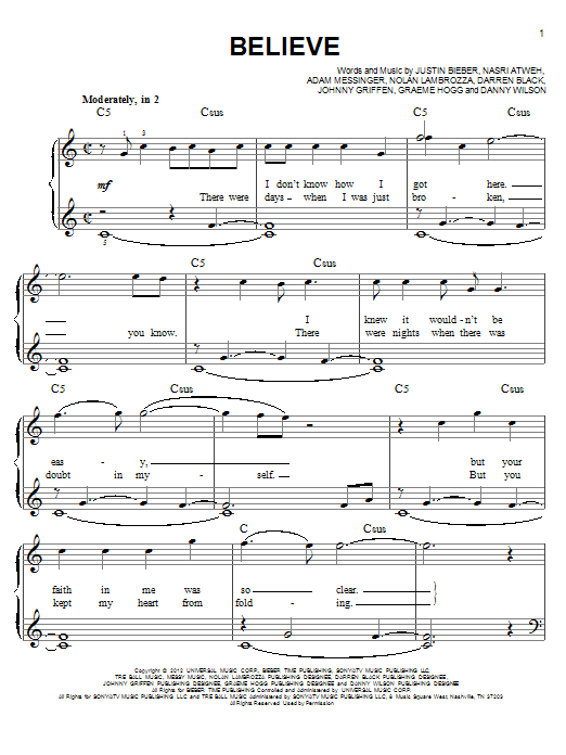Justin Bieber Believe sheet music notes and chords arranged for Easy Piano