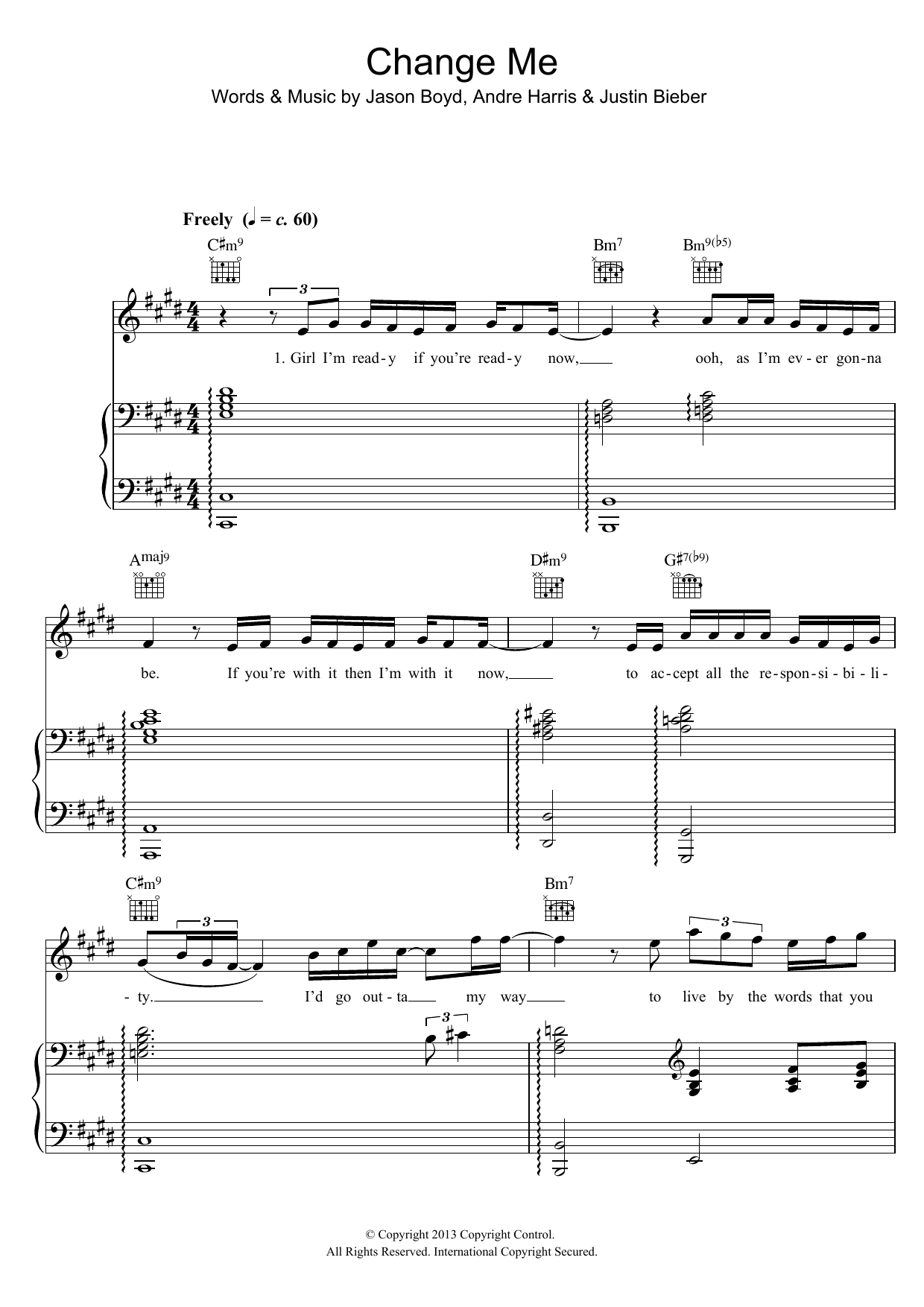 Justin Bieber Change Me sheet music notes and chords arranged for Piano, Vocal & Guitar Chords