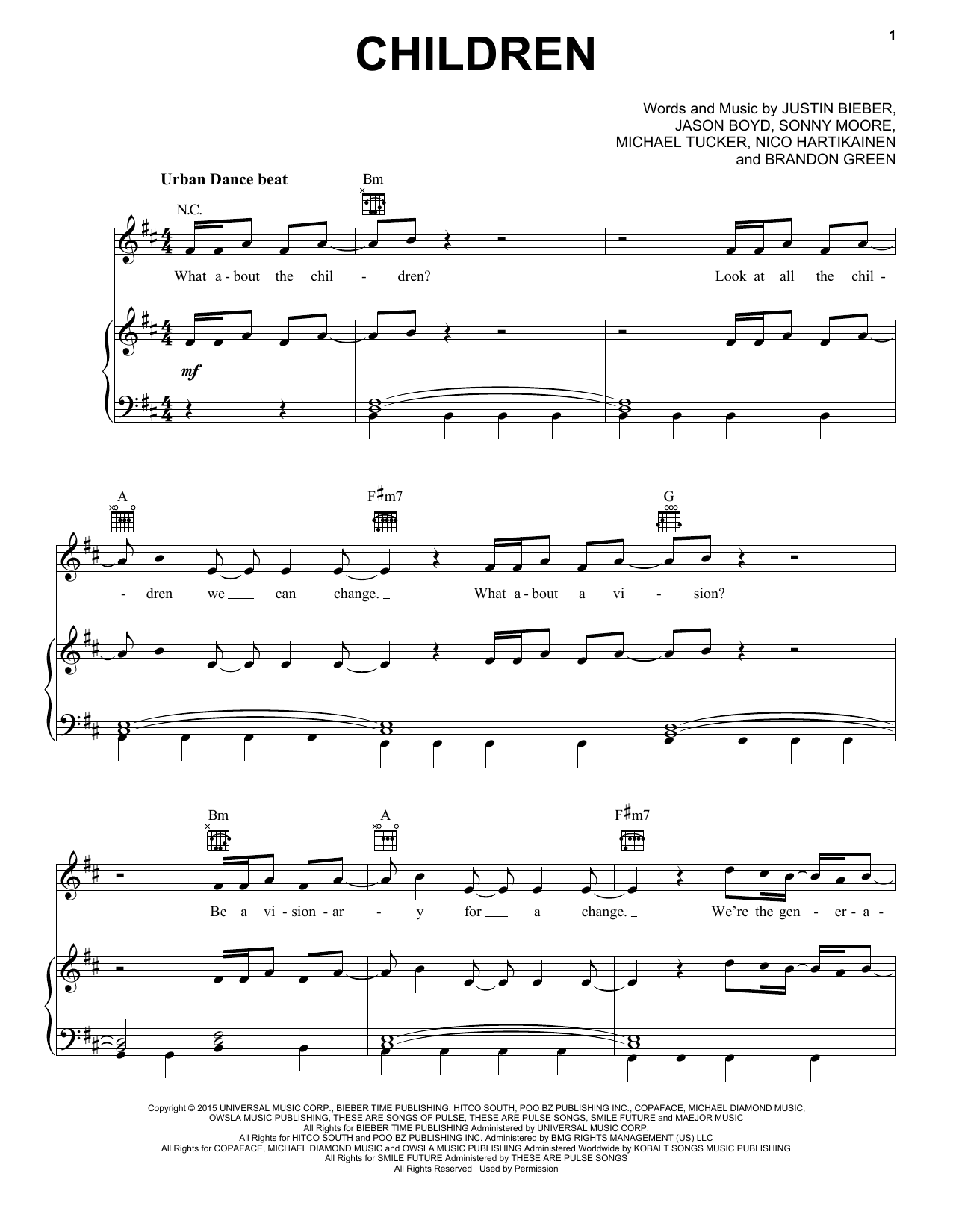 Justin Bieber Children sheet music notes and chords arranged for Piano, Vocal & Guitar Chords (Right-Hand Melody)