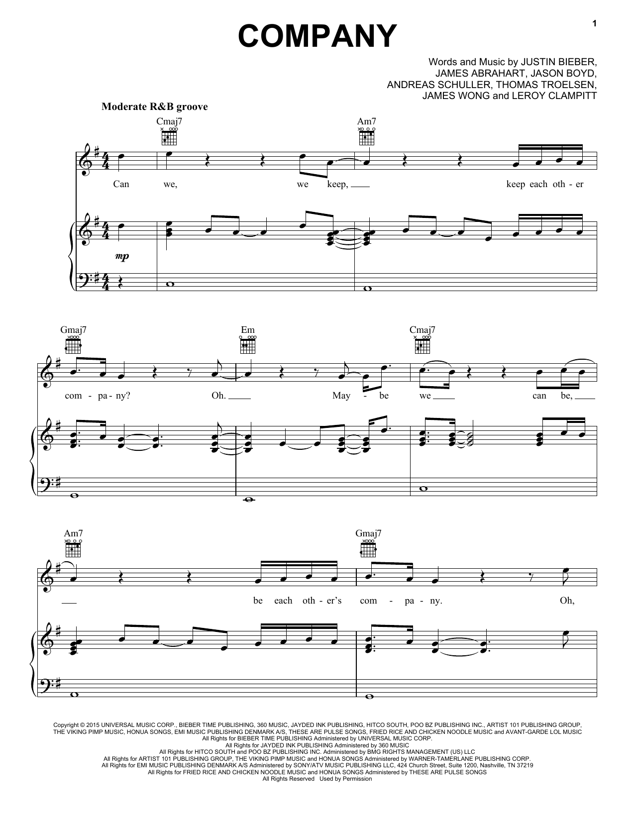 Justin Bieber Company sheet music notes and chords arranged for Piano, Vocal & Guitar Chords (Right-Hand Melody)