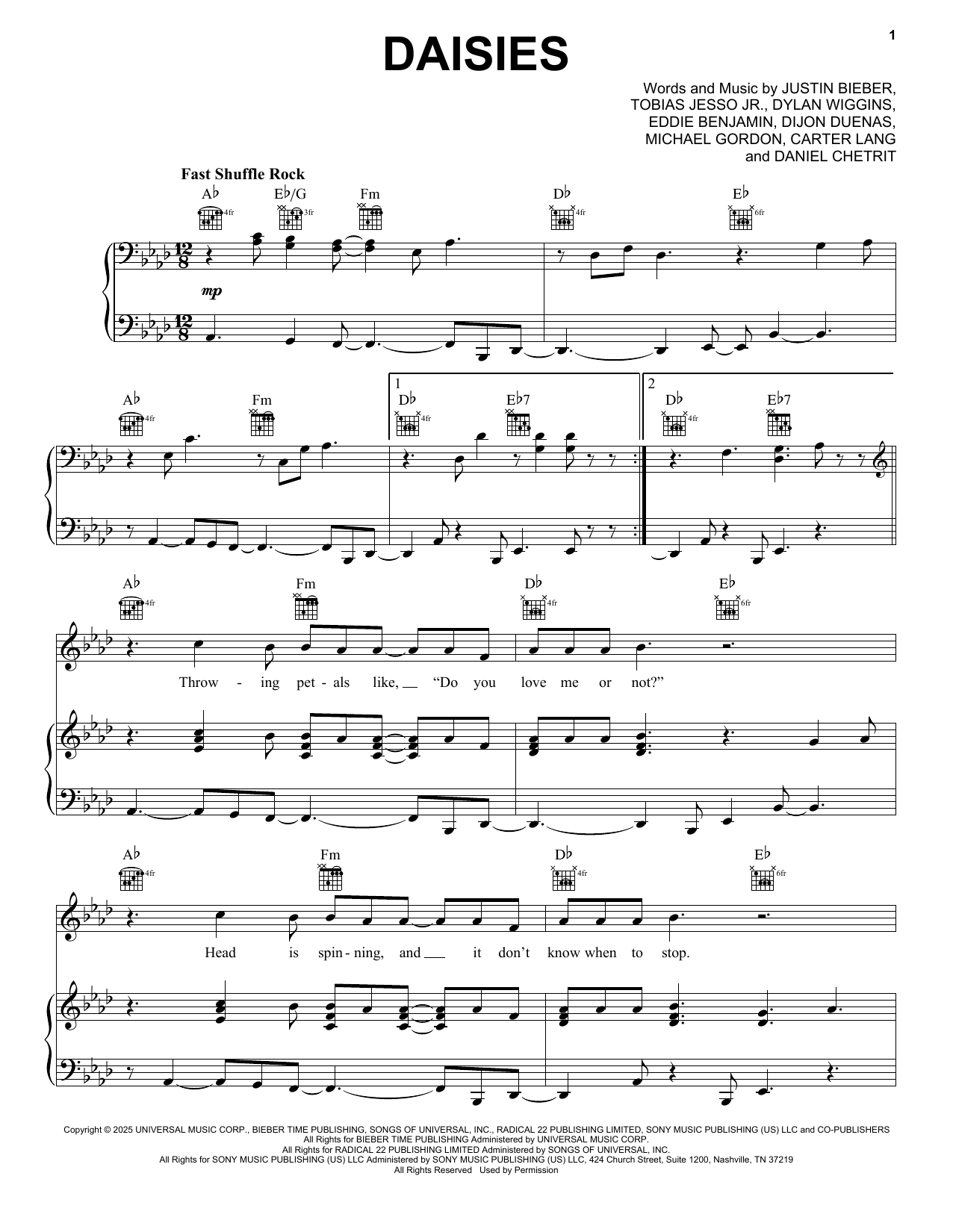 Justin Bieber Daisies sheet music notes and chords arranged for Piano, Vocal & Guitar Chords (Right-Hand Melody)