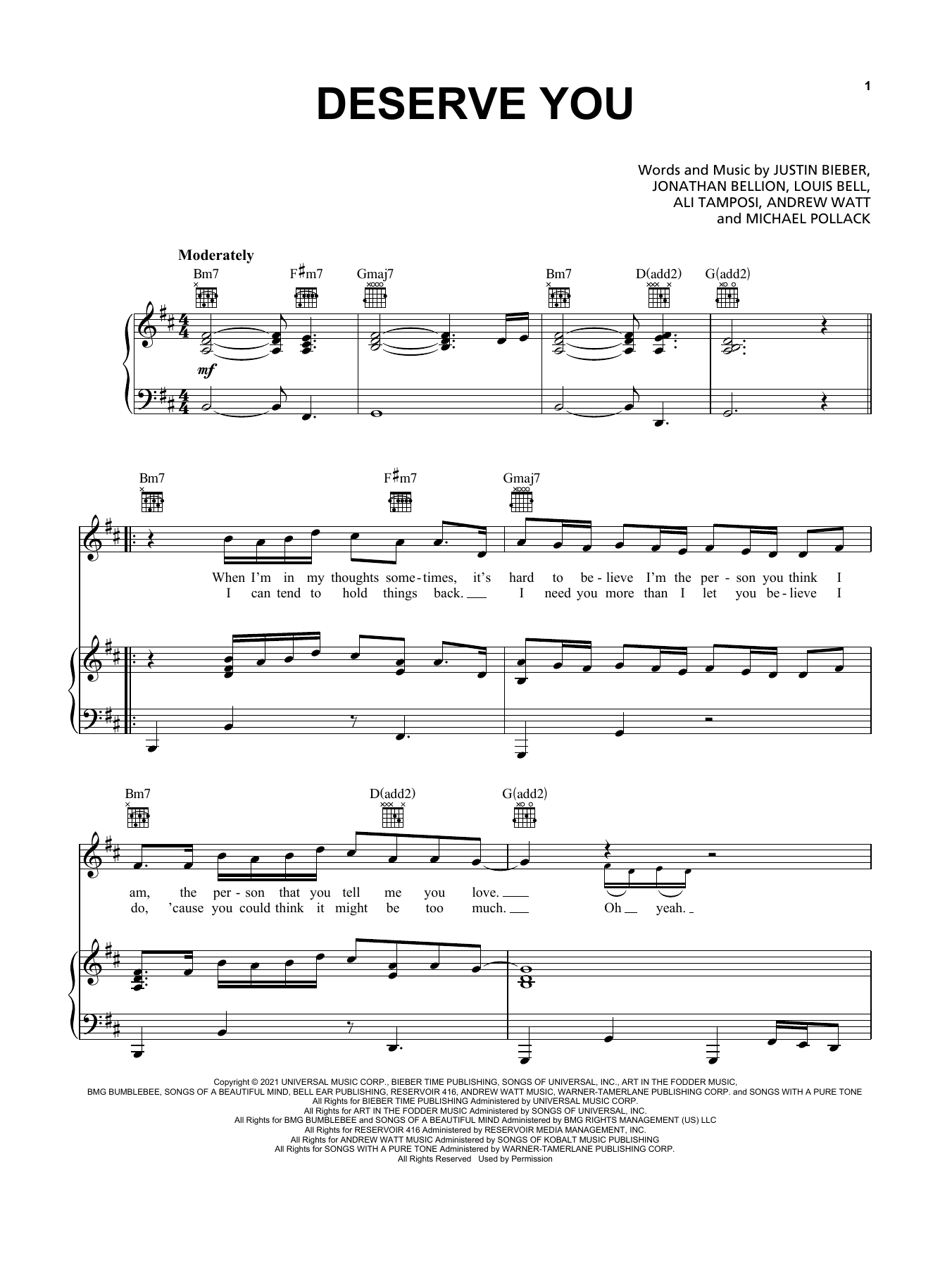 Justin Bieber Deserve You sheet music notes and chords arranged for Piano, Vocal & Guitar Chords (Right-Hand Melody)