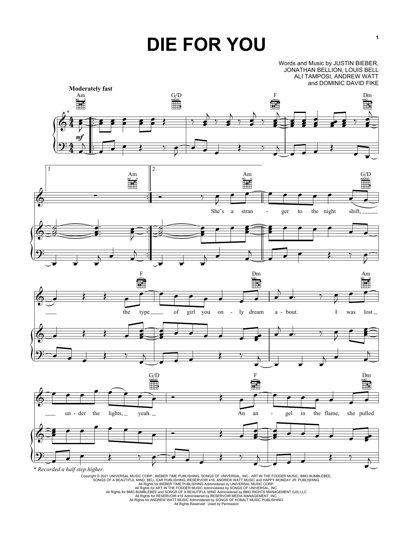 Justin Bieber Die For You (feat. Dominic Fike) sheet music notes and chords arranged for Piano, Vocal & Guitar Chords (Right-Hand Melody)