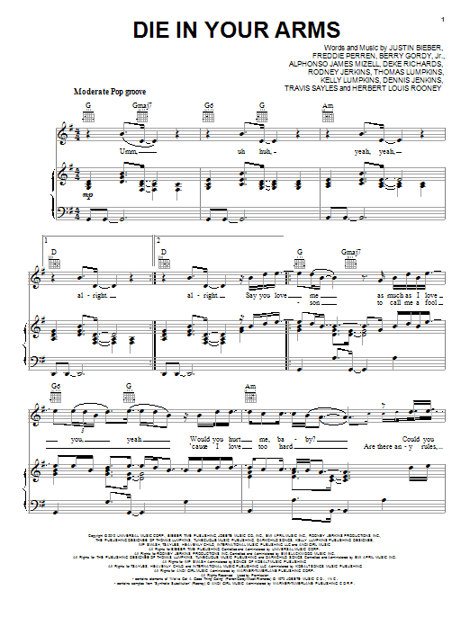 Justin Bieber Die In Your Arms sheet music notes and chords arranged for Pro Vocal