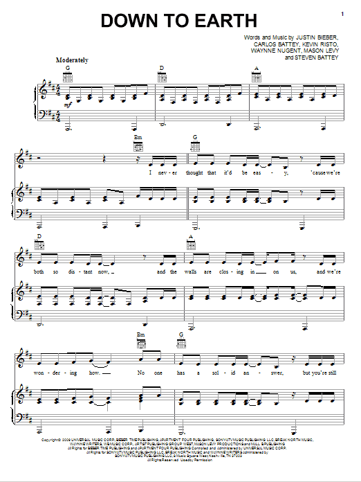 Justin Bieber Down To Earth sheet music notes and chords arranged for Piano, Vocal & Guitar Chords (Right-Hand Melody)