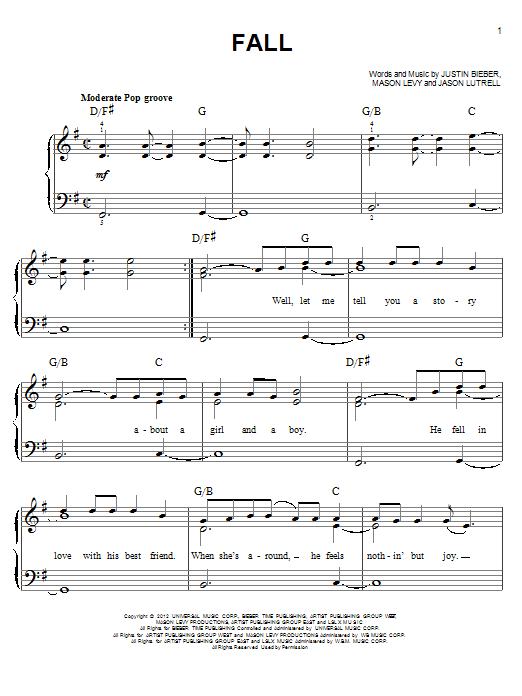 Justin Bieber Fall sheet music notes and chords arranged for Easy Piano
