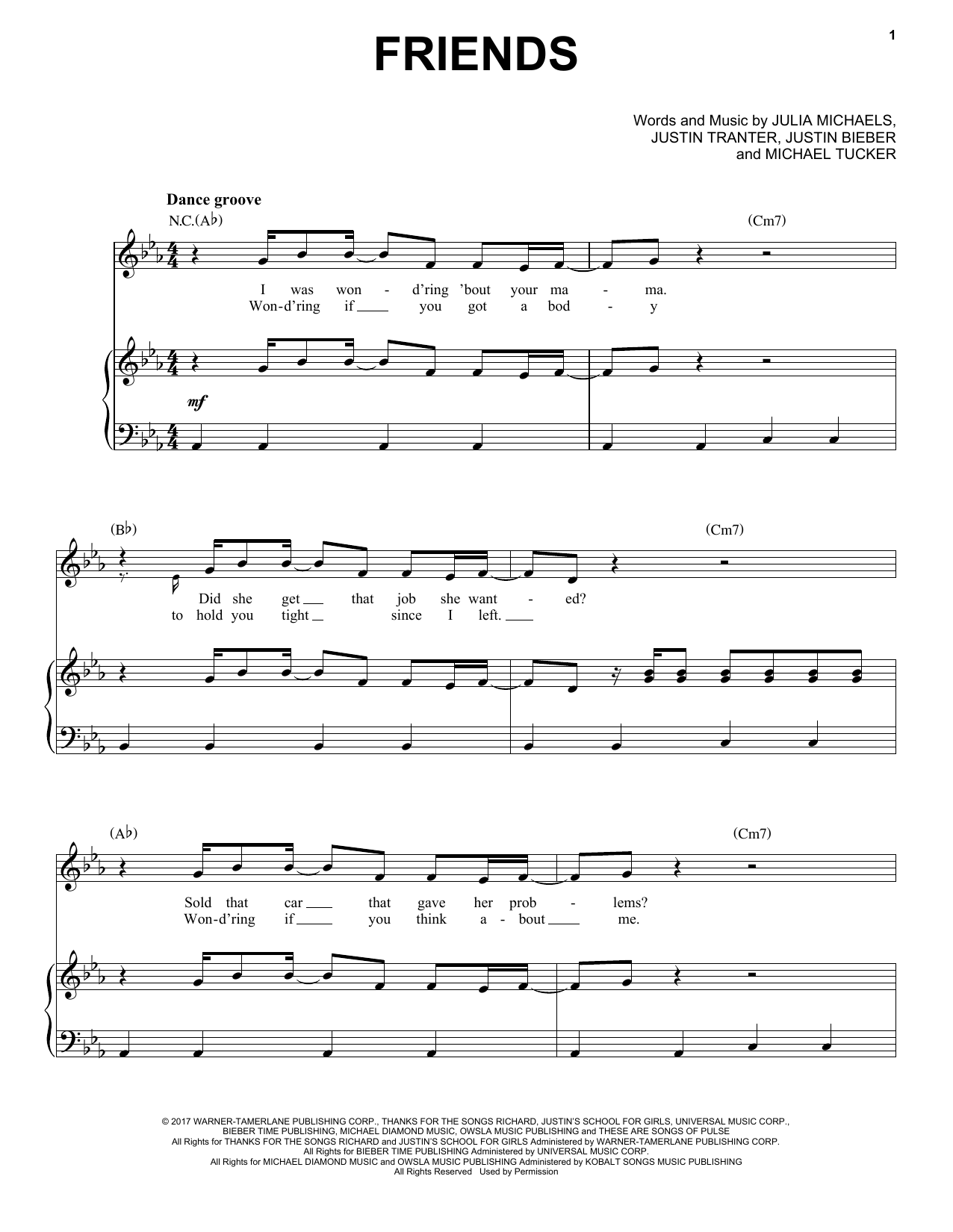 Justin Bieber feat. BloodPop Friends sheet music notes and chords arranged for Piano, Vocal & Guitar Chords (Right-Hand Melody)