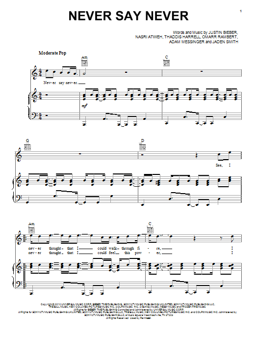 Justin Bieber featuring Jaden Smith Never Say Never sheet music notes and chords arranged for Piano, Vocal & Guitar Chords (Right-Hand Melody)