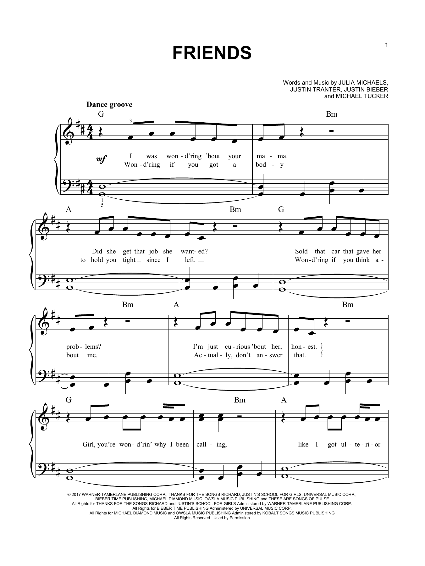 Justin Bieber Friends (feat. BloodPop) sheet music notes and chords arranged for Easy Piano