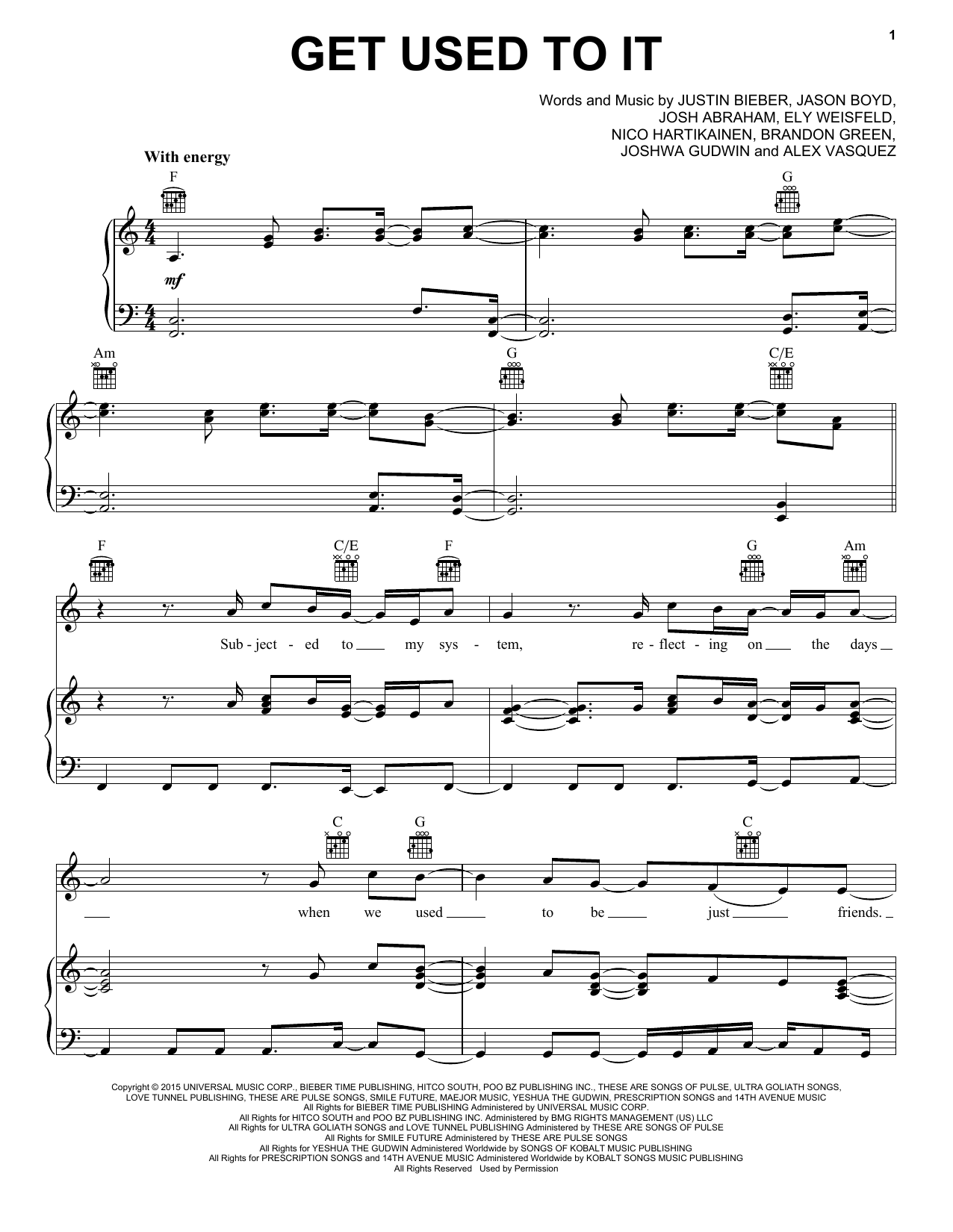 Justin Bieber Get Used To It sheet music notes and chords arranged for Piano, Vocal & Guitar Chords (Right-Hand Melody)