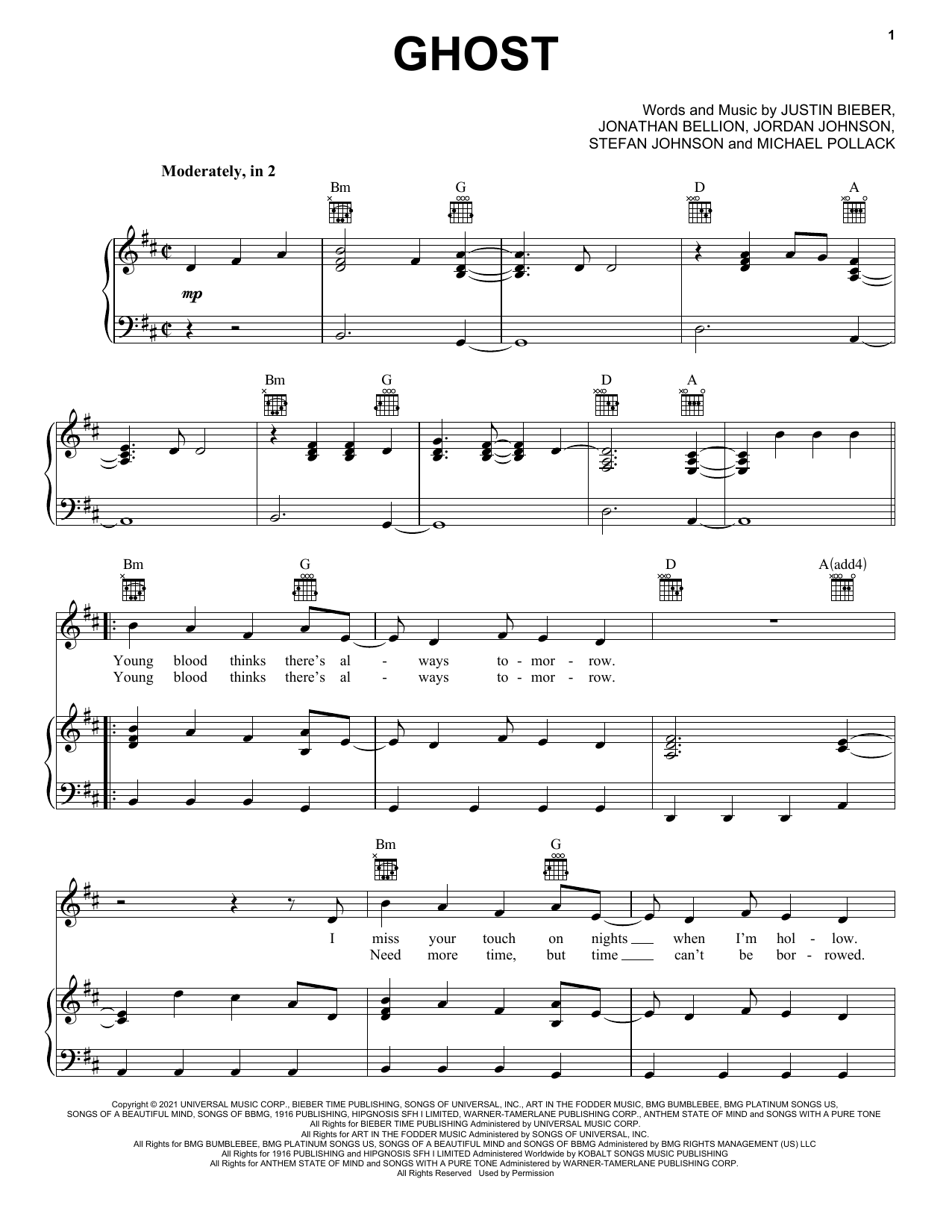 Justin Bieber Ghost sheet music notes and chords arranged for Piano, Vocal & Guitar Chords (Right-Hand Melody)