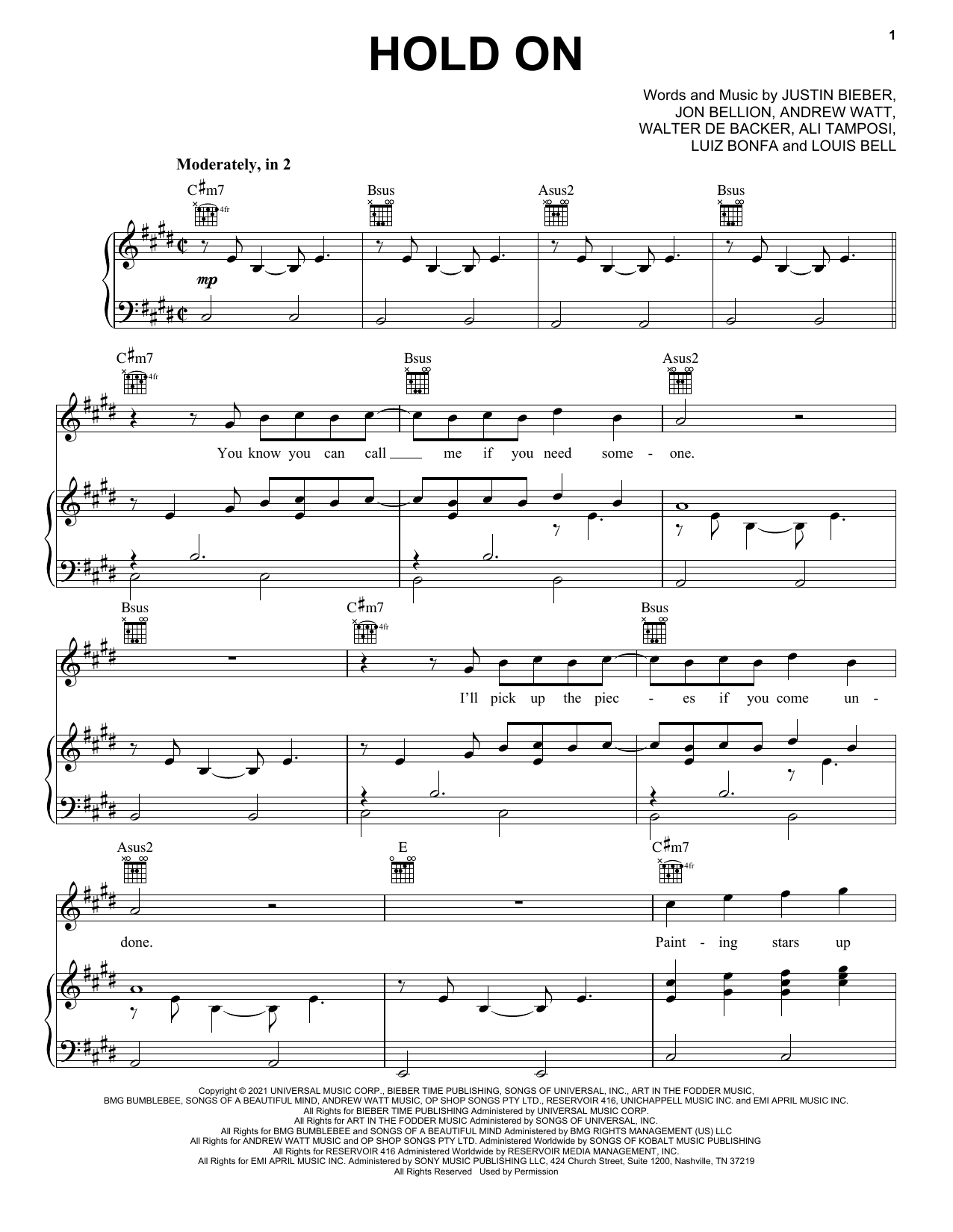 Justin Bieber Hold On sheet music notes and chords arranged for Easy Piano