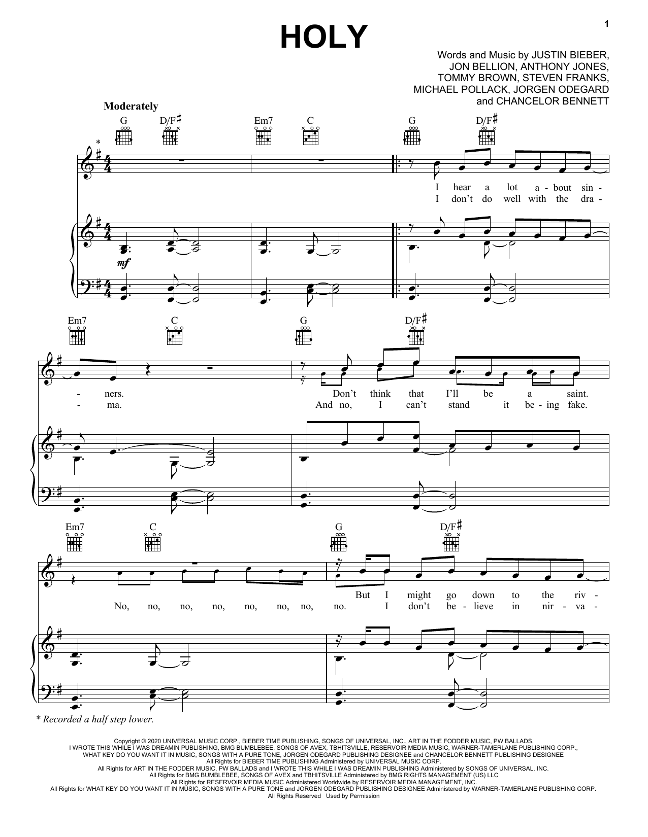 Justin Bieber Holy (feat. Chance the Rapper) sheet music notes and chords arranged for Easy Piano
